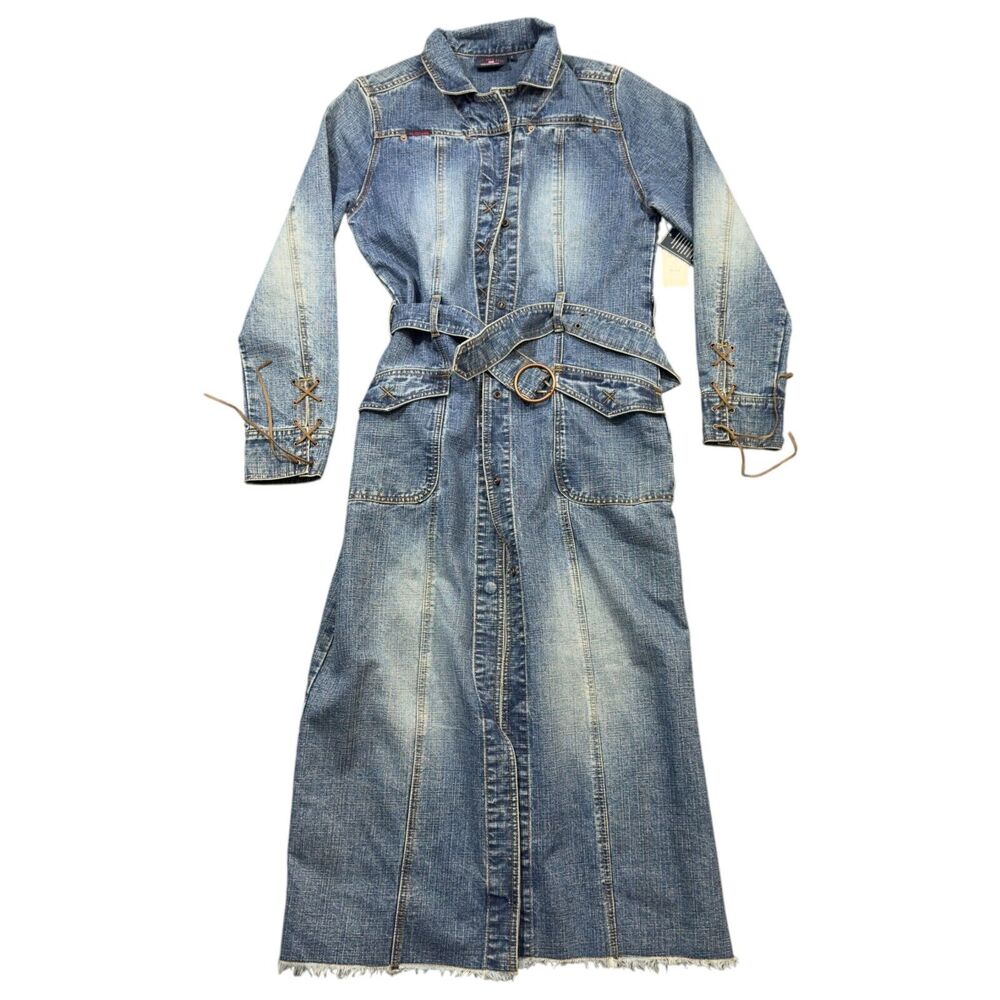 Vintage US Polo Assn Denim Dress Womens Large Blue Frayed Hem Belted Snap Front